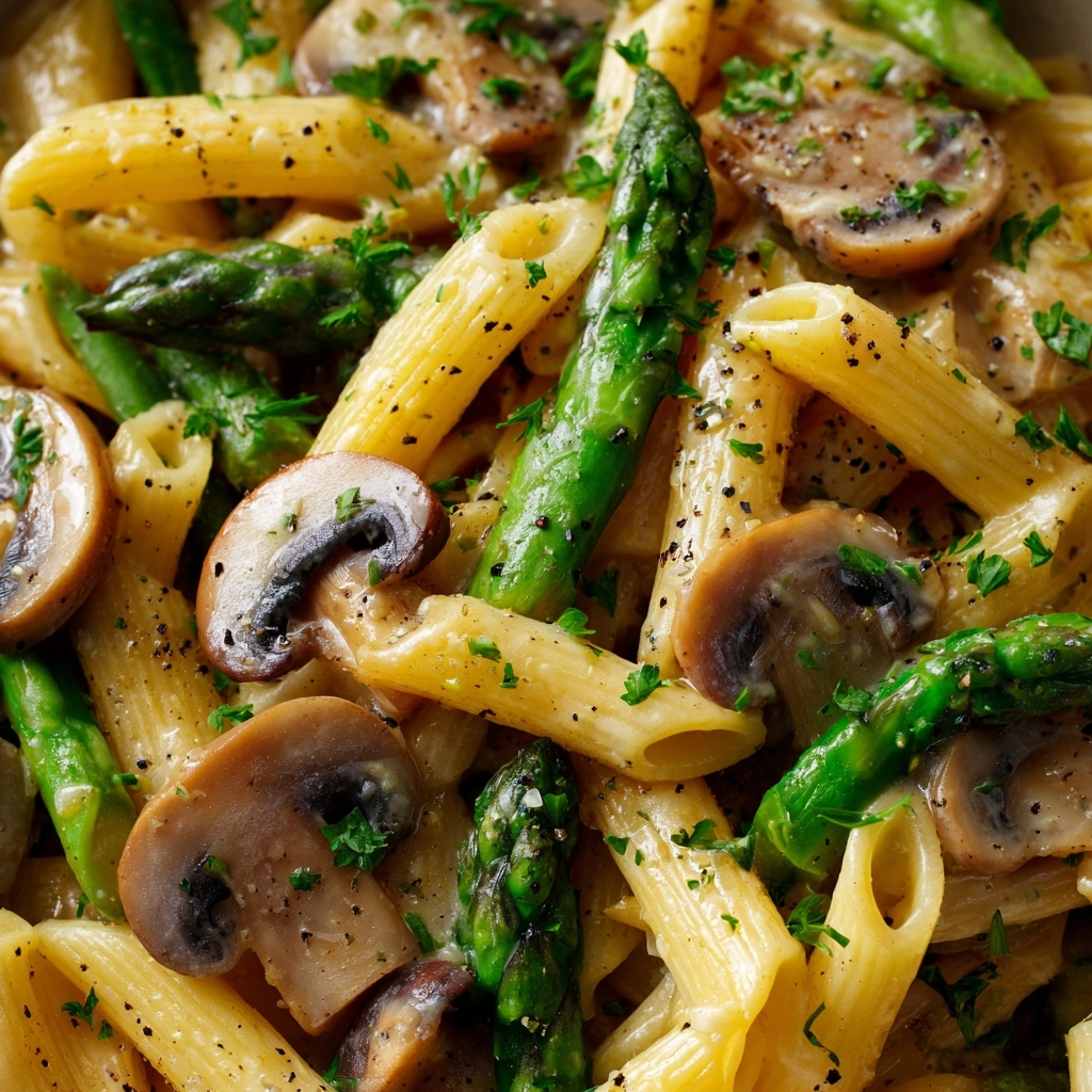Creamy Mushroom and Asparagus Chicken Penne Recipe - Recipe Image