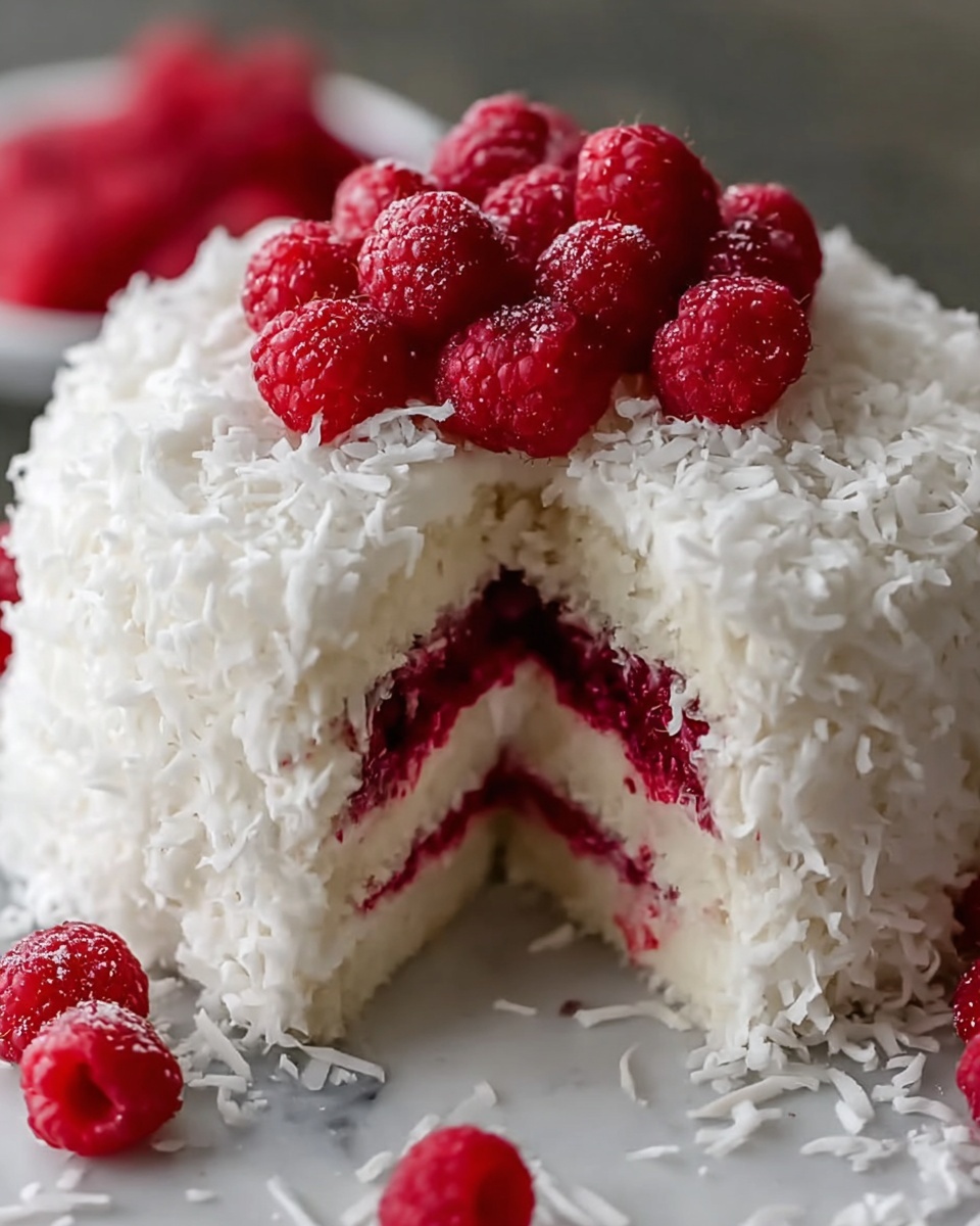 Raspberry Swirl Coconut Snowball Cake Recipe - Recipe Image
