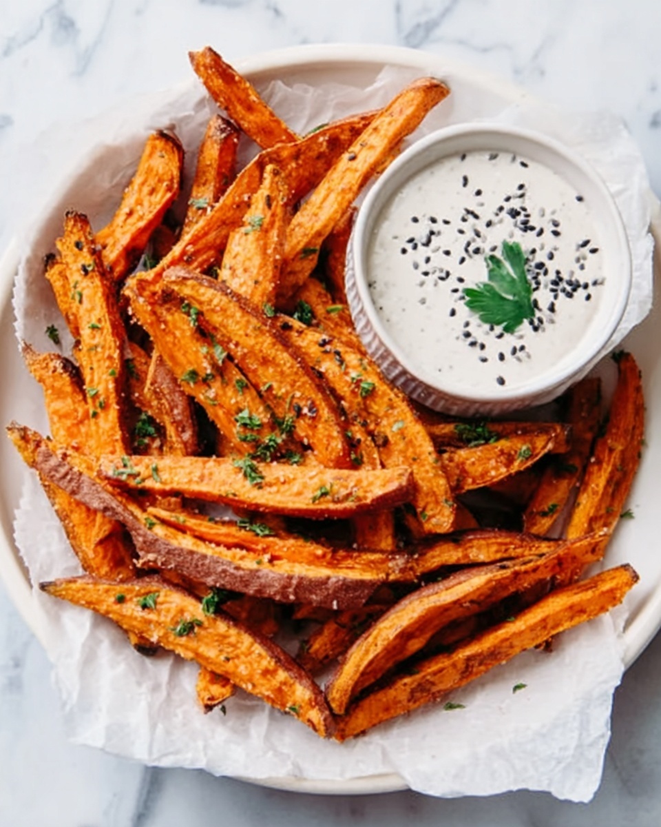 Sweet Potato Fries with Roasted Garlic Tahini Yogurt Dip Recipe - Recipe Image