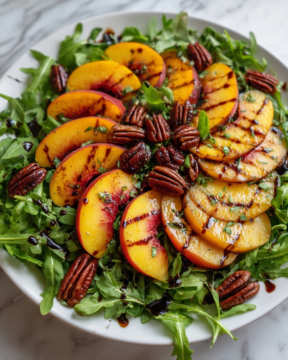 Grilled Peach Salad with Candied Curry Pecans and Blueberries Recipe - Recipe Image