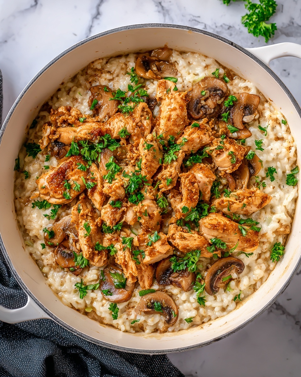 One Pot Creamy Parmesan Chicken with Mushroom Rice Recipe - Recipe Image