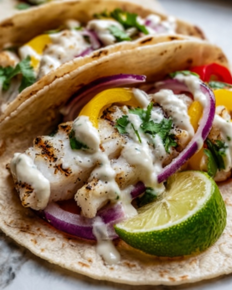 Fish Tacos with Garlic Lime Crema Recipe - Recipe Image