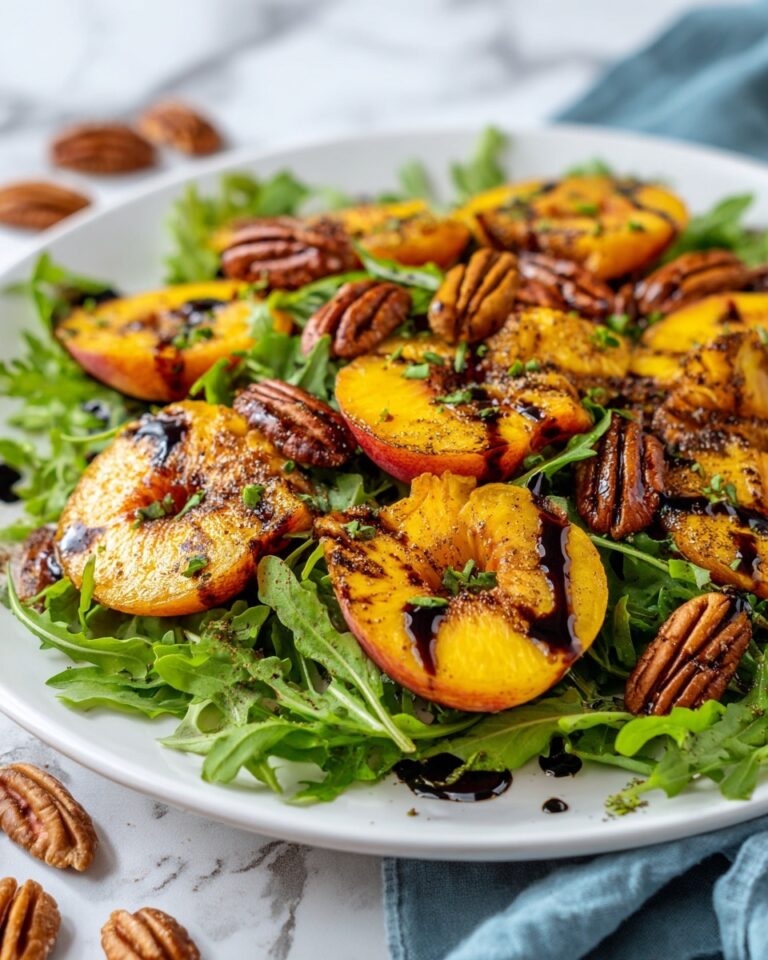 Grilled Peach Salad with Candied Curry Pecans and Blueberries Recipe