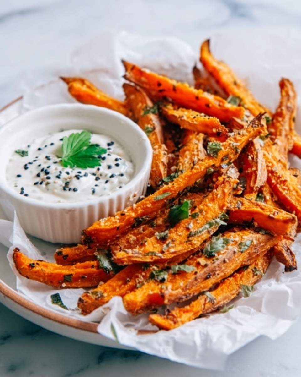 Sweet Potato Fries with Roasted Garlic Tahini Yogurt Dip Recipe - Recipe Image