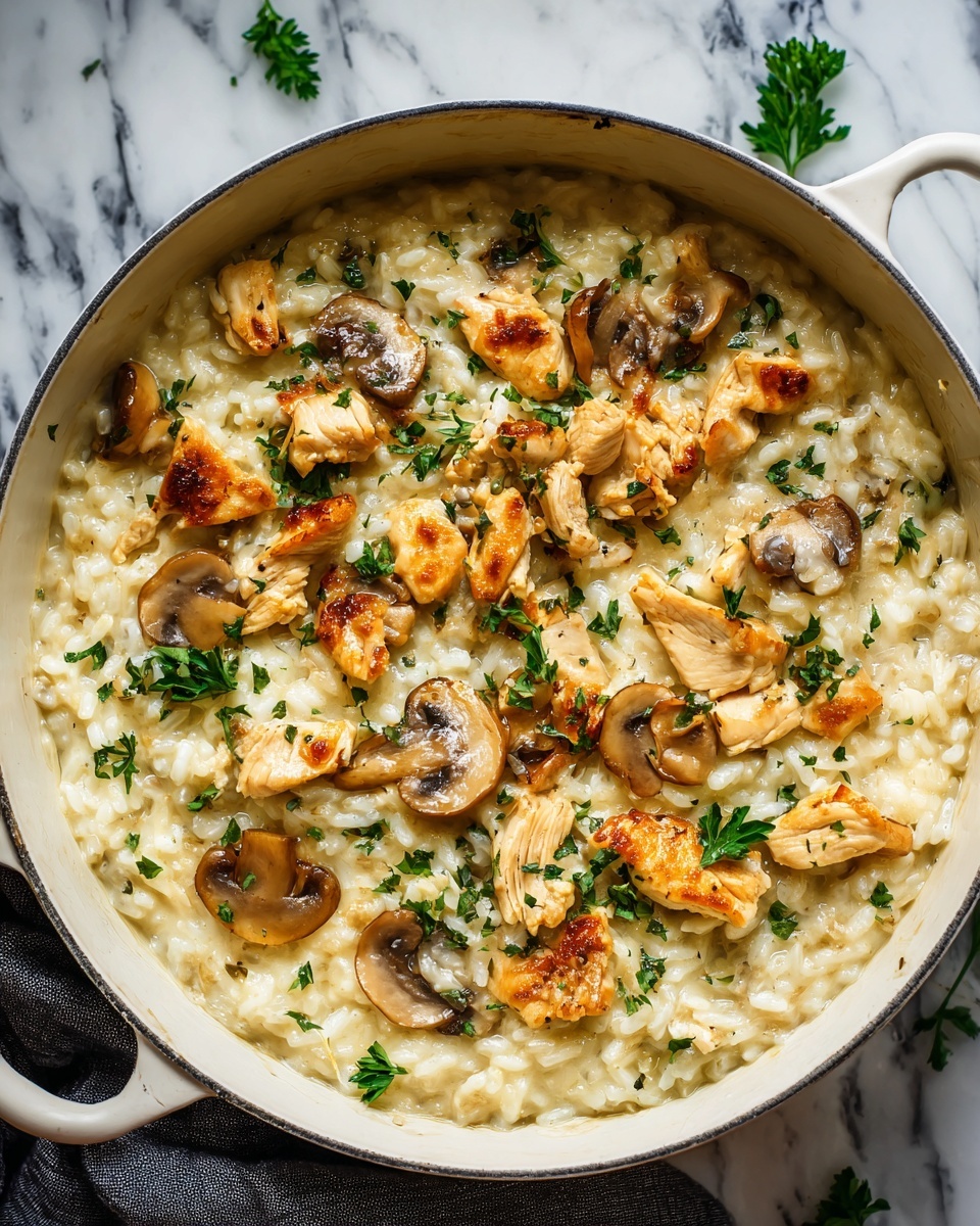 One Pot Creamy Parmesan Chicken with Mushroom Rice Recipe - Recipe Image