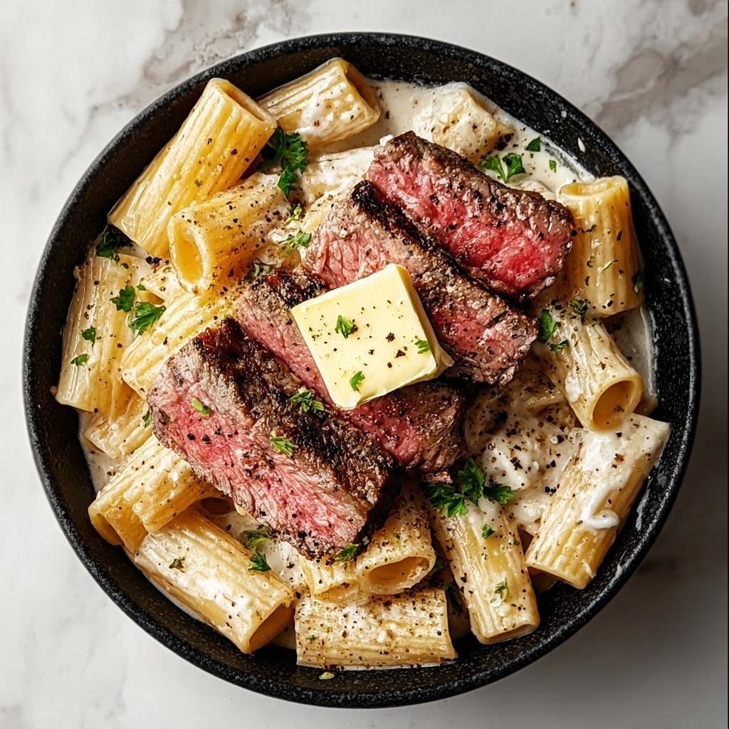 Creamy Garlic Butter Steak Rigatoni Recipe - Recipe Image