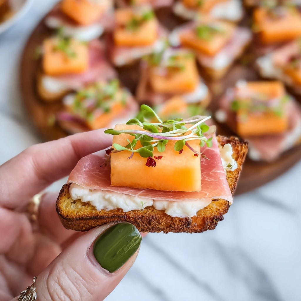 Prosciutto Ricotta Crostini with Cantaloupe and Hot Honey Recipe - Recipe Image