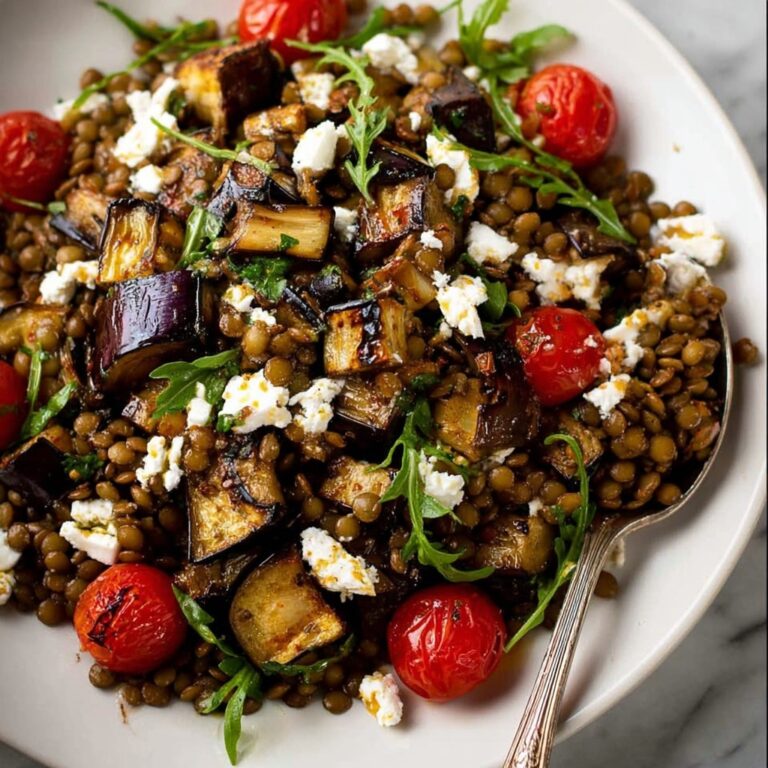 Roasted Eggplant Lentil Salad with Lemon and Feta Recipe