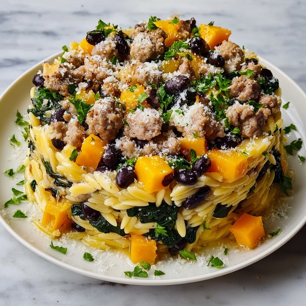 Butternut Squash and Black Bean Orzo with Sausage and Spinach Recipe - Recipe Image