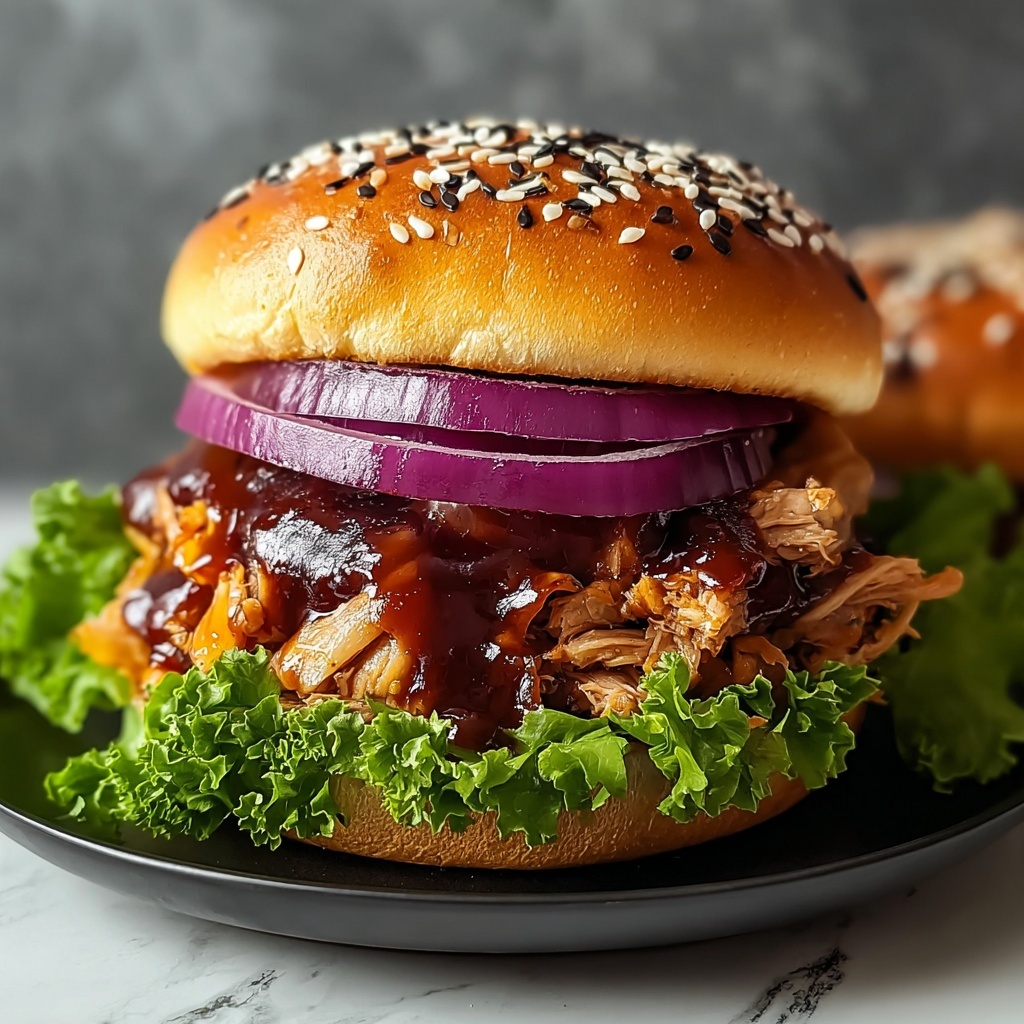 Pulled Chicken Burger with Barbecue Sauce and Fresh Toppings Recipe - Recipe Image