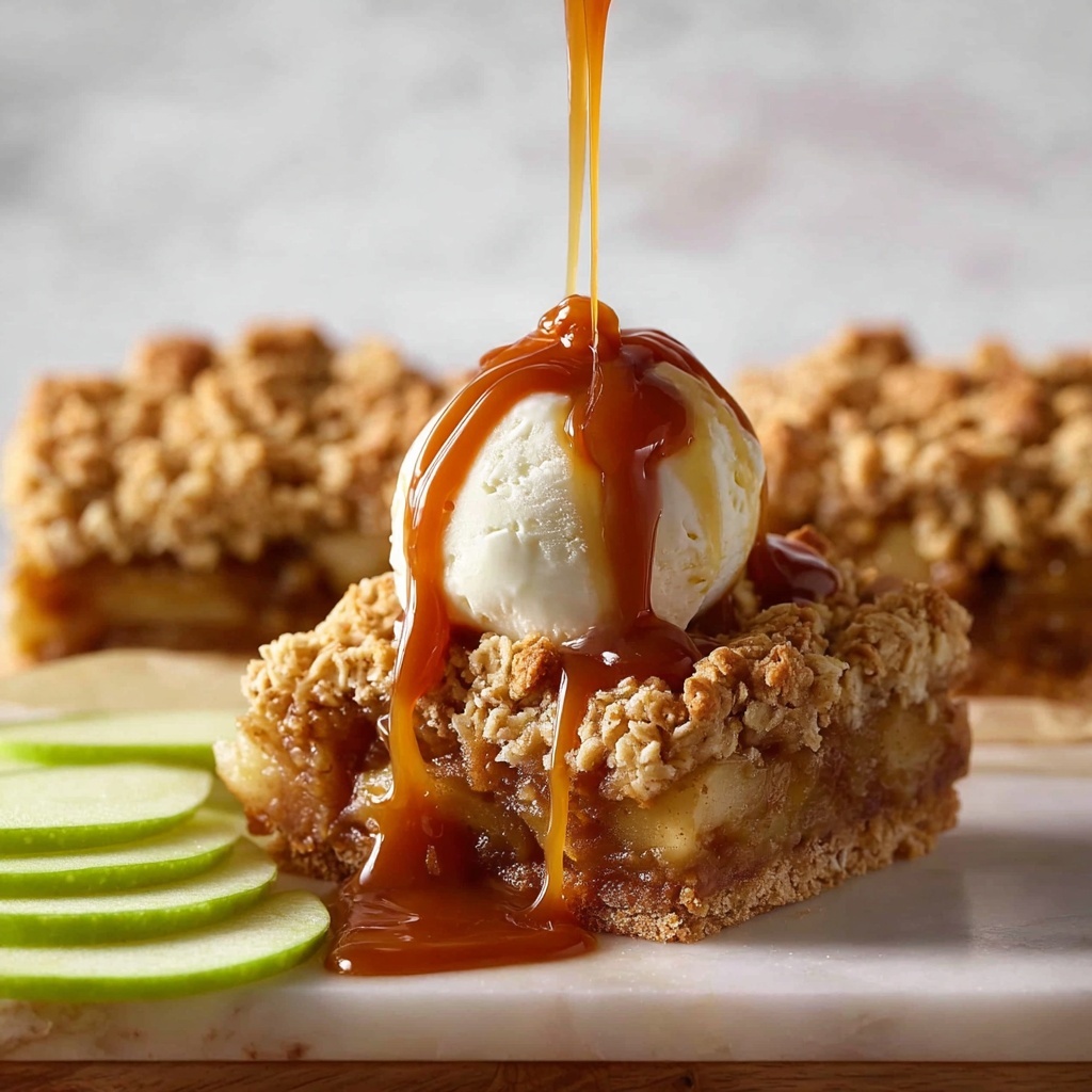 Apple Crumble Bars with Cinnamon-Spiced Apple Filling and Salted Caramel Sauce Recipe - Recipe Image