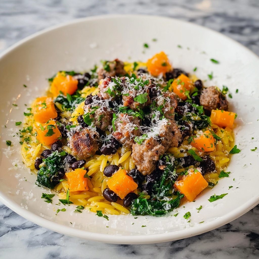 Butternut Squash and Black Bean Orzo with Sausage and Spinach Recipe - Recipe Image