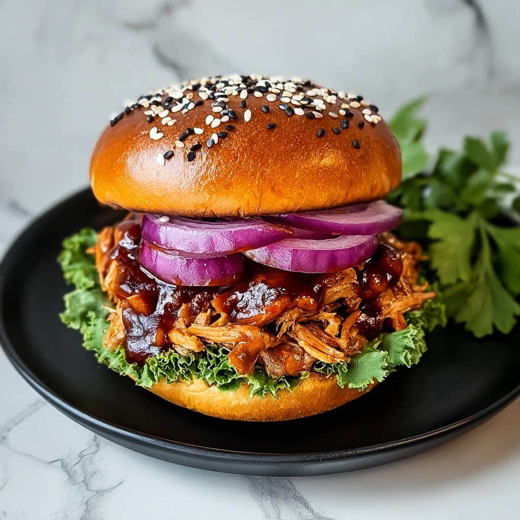 Pulled Chicken Burger with Barbecue Sauce and Fresh Toppings Recipe - Recipe Image