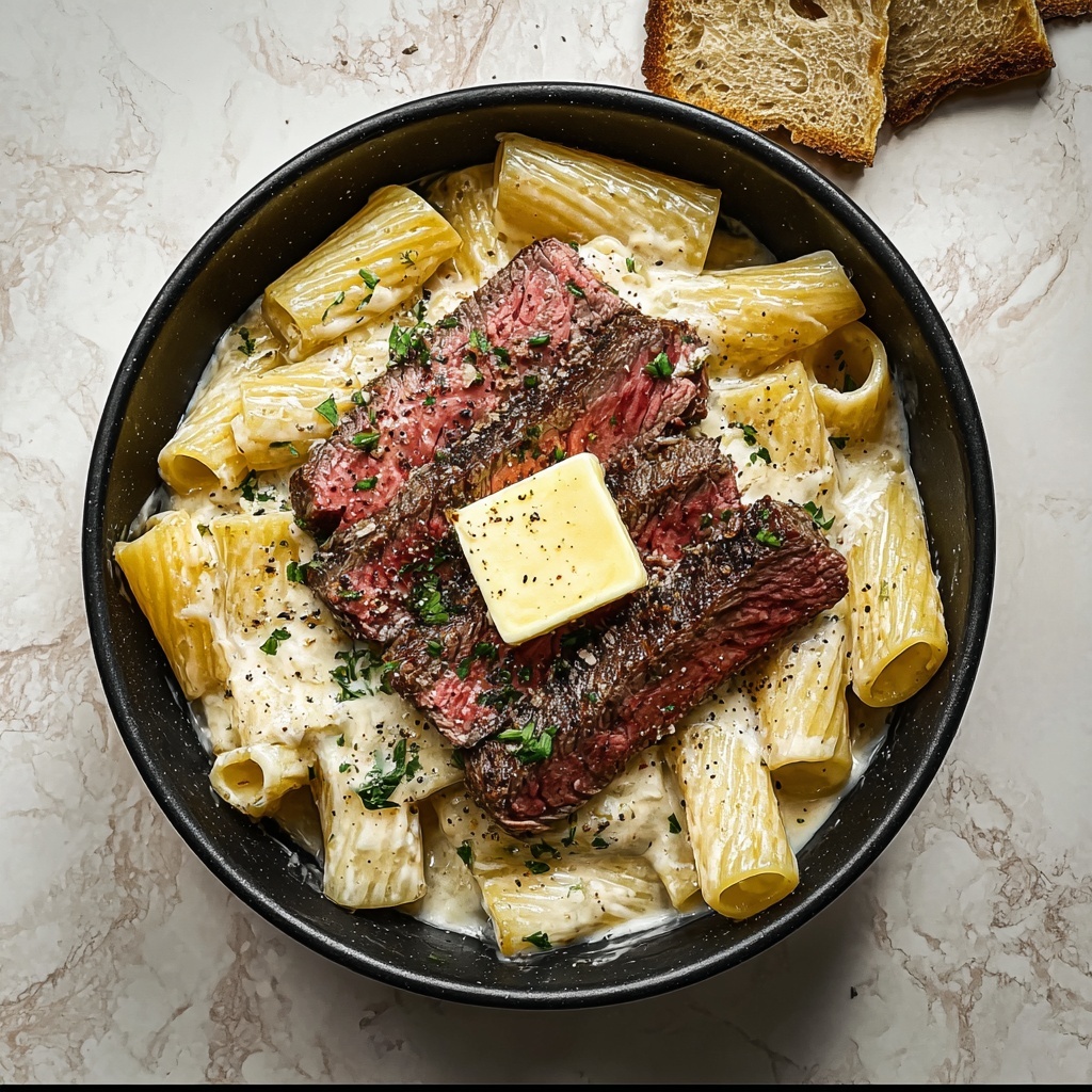 Creamy Garlic Butter Steak Rigatoni Recipe - Recipe Image