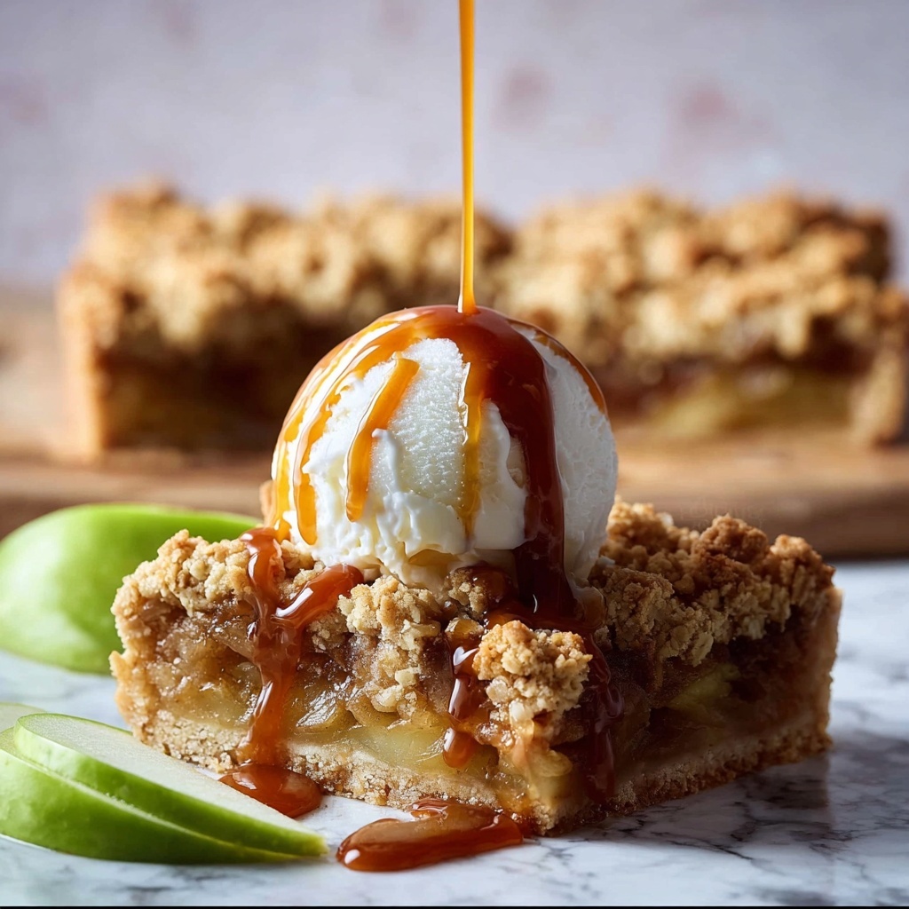 Apple Crumble Bars with Cinnamon-Spiced Apple Filling and Salted Caramel Sauce Recipe - Recipe Image