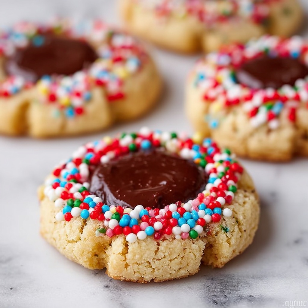 Shortbread Thumbprint Cookies with Chocolate Centers and Sprinkles Recipe - Recipe Image