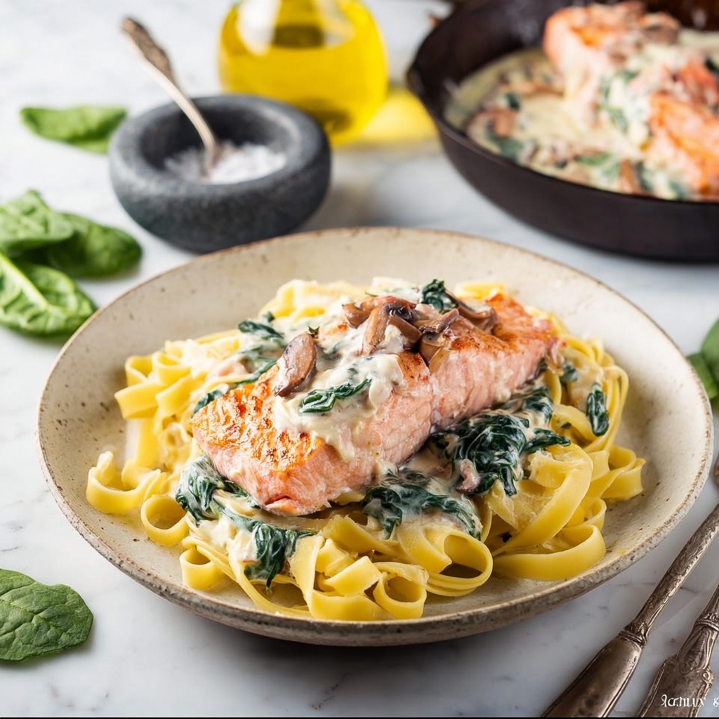 Tuscan Salmon with Sun-Dried Tomatoes and Creamy Spinach Recipe - Recipe Image