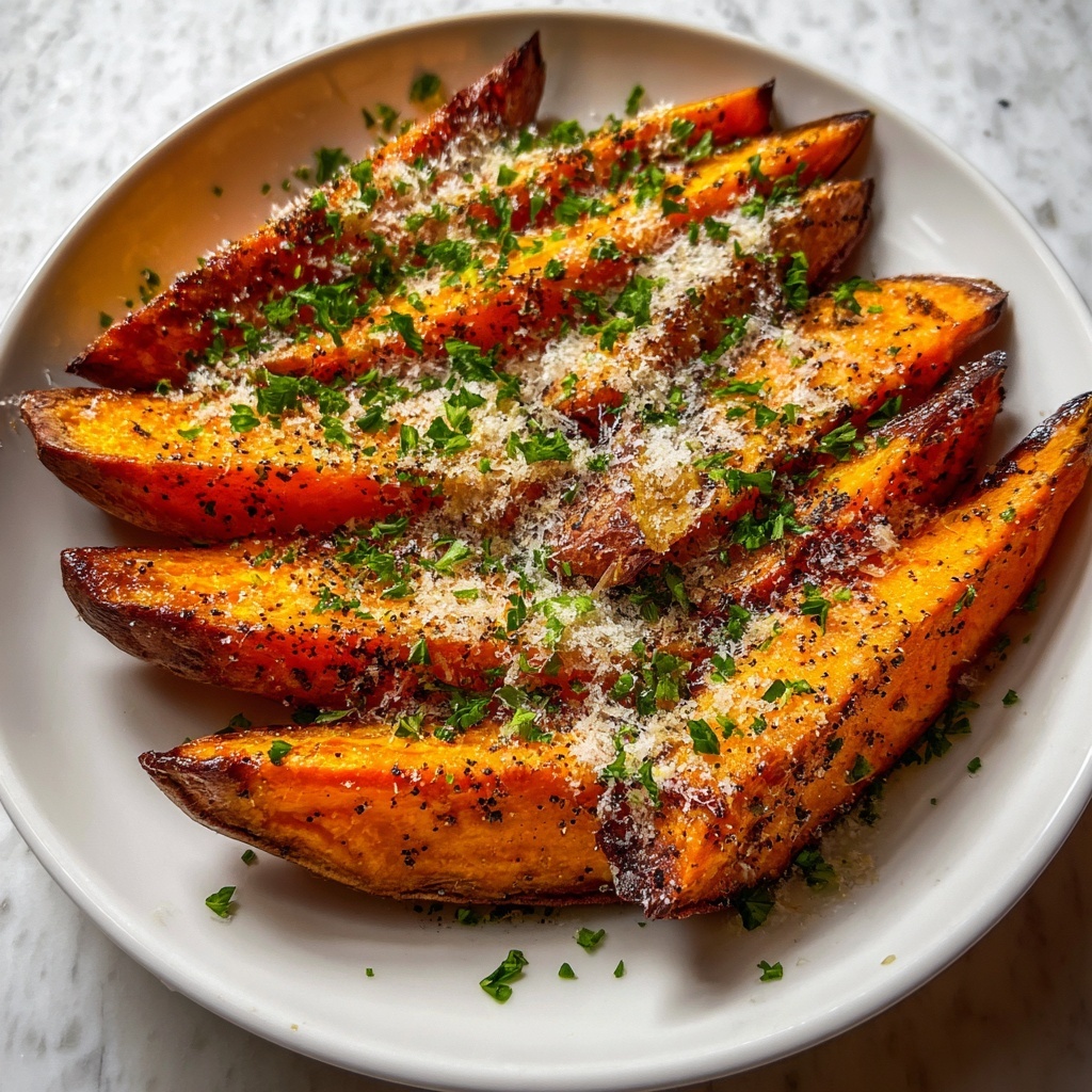 Garlic Parmesan Sweet Potato Wedges Recipe - Recipe Image